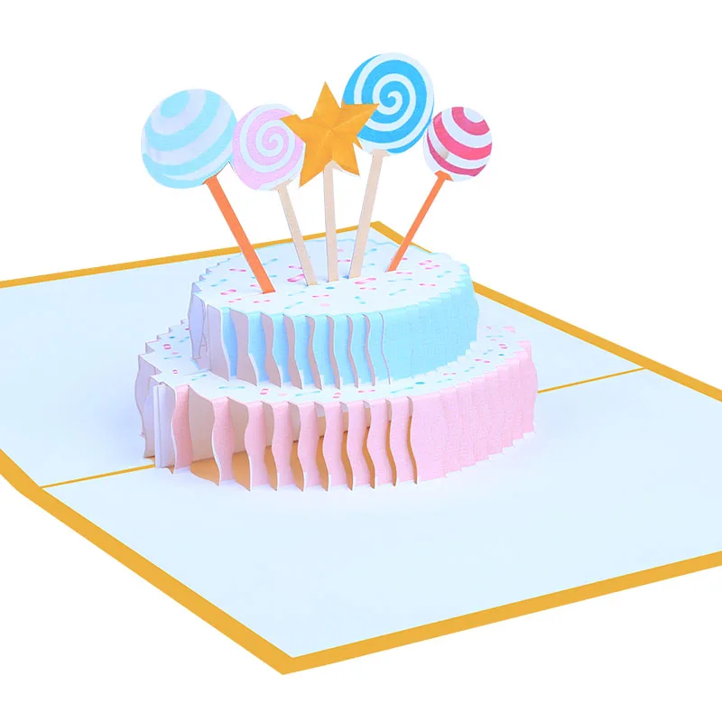 Happy Birthday Cake With Stars and  Lollipop 3d Pop Up Greeting Card  with Envelope for Kids Girls Boys Women Men