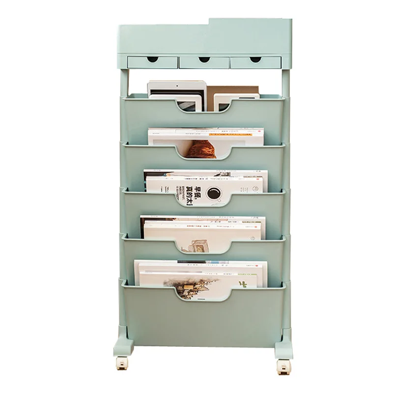 5 layer Bookshelf Holder With Wheel Book Storage Rack Cart With Drawer Vertical Magazine Storage Trolley Cabinet