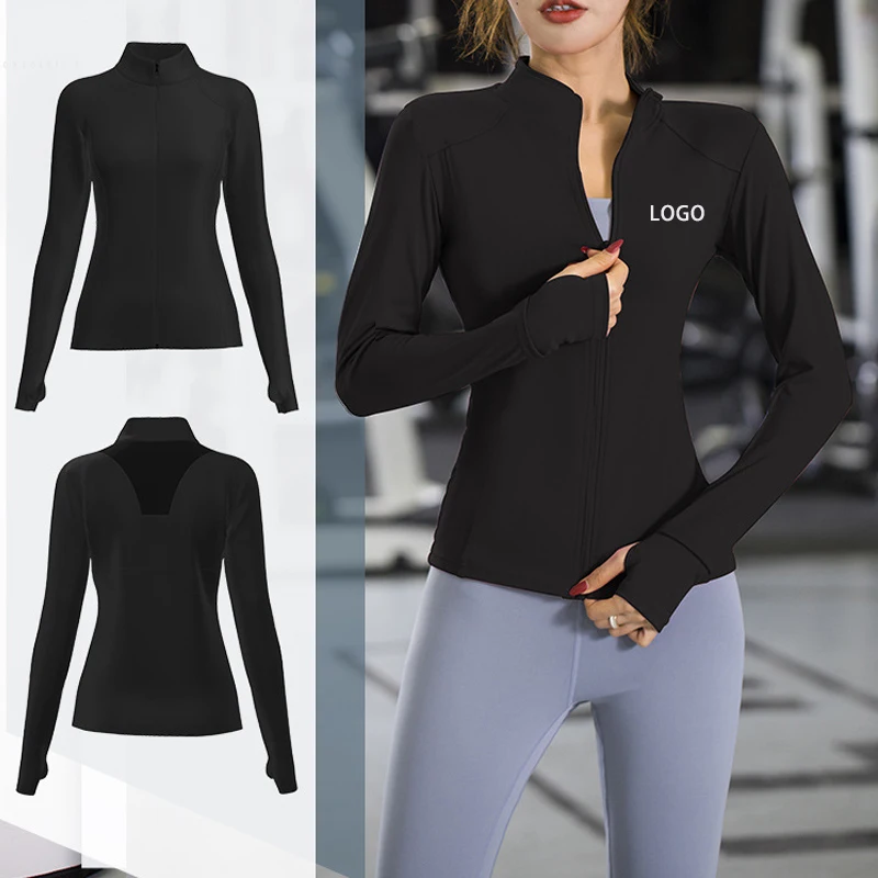 Long Sleeves Sports Running Shirt Breathable Gym Workout Top Women Yoga Jackets Zipper with Finger Holes Custom Logo