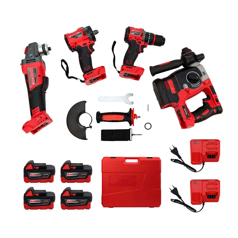 Red 10-In-1 Brushless Cordless Tool Set 4-Piece Hammer Drill Impact Wrench Angle Grinder 4 Batteries OEM Power Drills