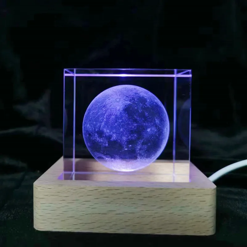 Ramadan moon 3d carved crystal square nightlight solid wood base company commercial led light luminous crystal led light