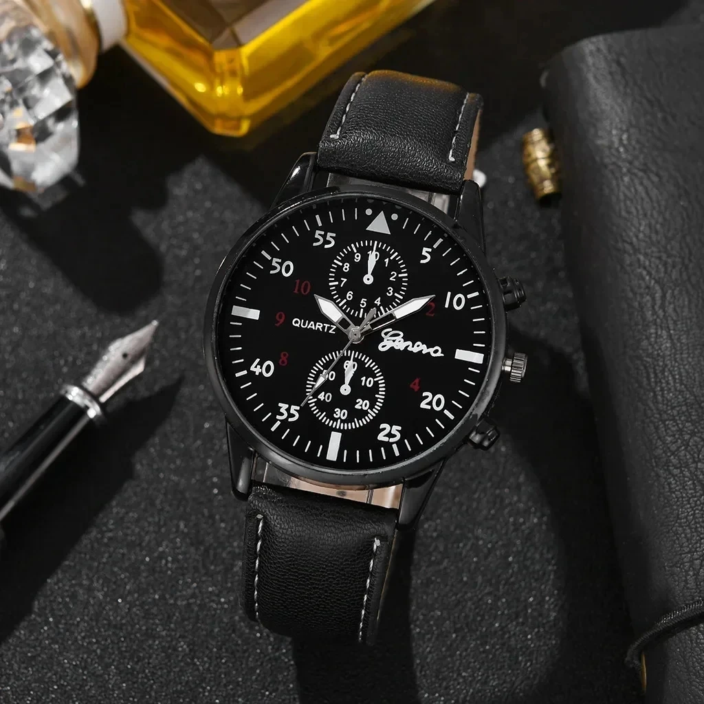 4PCS Set Fashion Mens Sport Watches Man Business Quartz Wristwatch Luxury Brown Leather Bracelet Men Casual Clock Watch Gift Set