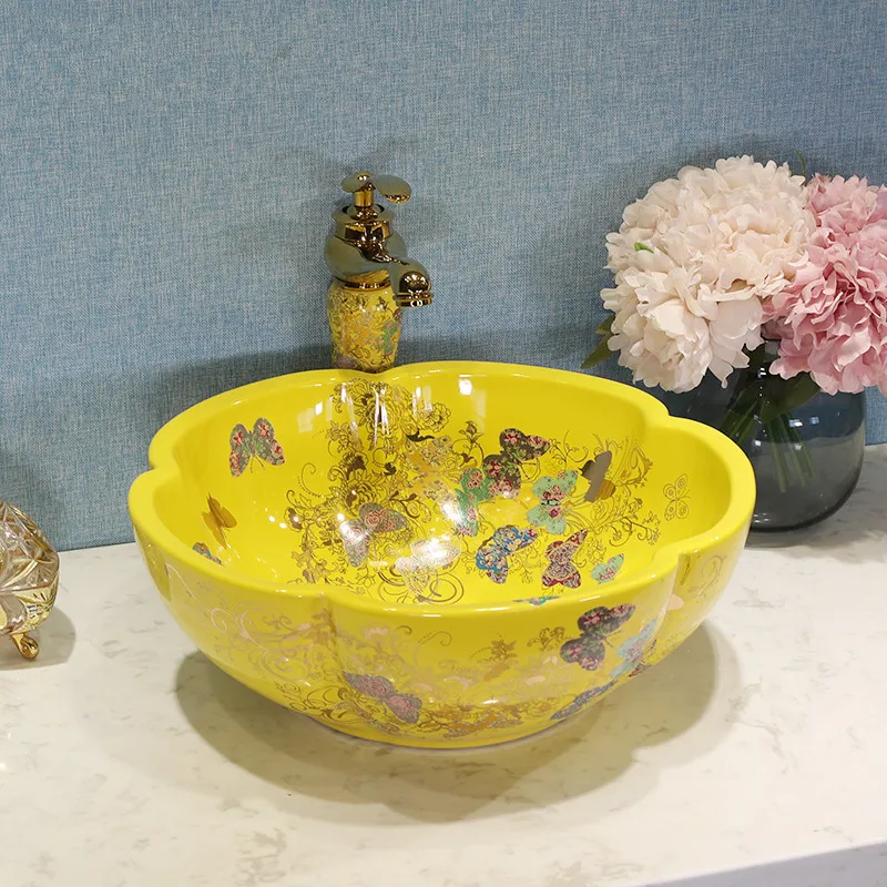 Flower Shape Butterfly Garden Pink Ceramic Vessel Sink with Gold Accents for a Touch of Luxury in Your Bathroom basin sinks