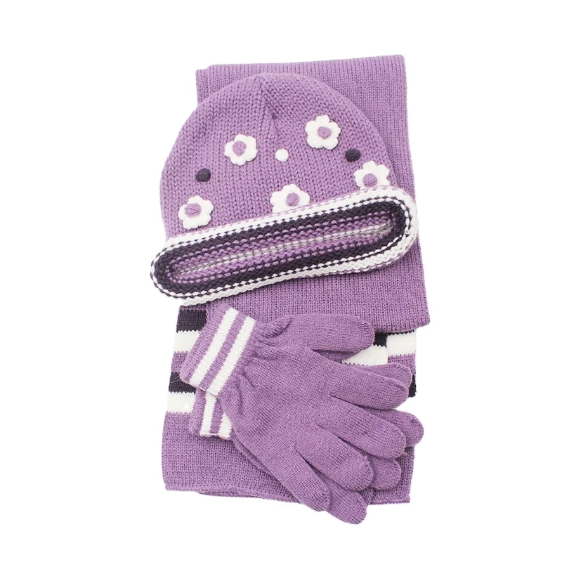 Заказные зимные для маленьких девочек жаккардовая вязаная шапка и шарф перчатки варежки из флиса детская шапочка комплект 3 предметов с платье цветочным узором в