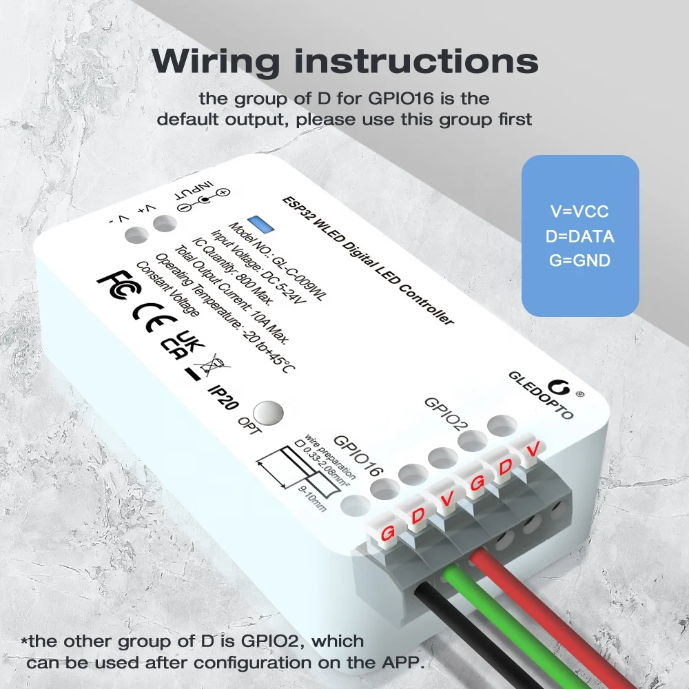 Gledopto WLED DIGITAL STRIP CONTROLLER ESP8266 Input Voltage DC 5-24V Total Output Current 10 A Max with brightness adjustment