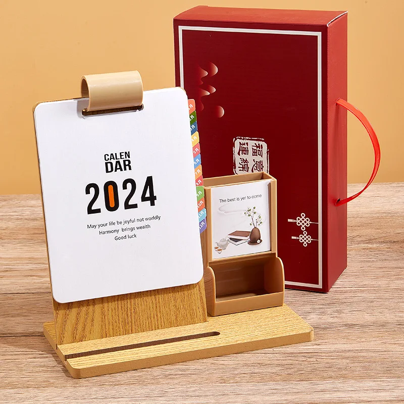 2024 multi-functional wooden frame loose-leaf buckle creative simple office desktop decoration mobile phone stand desk calendar