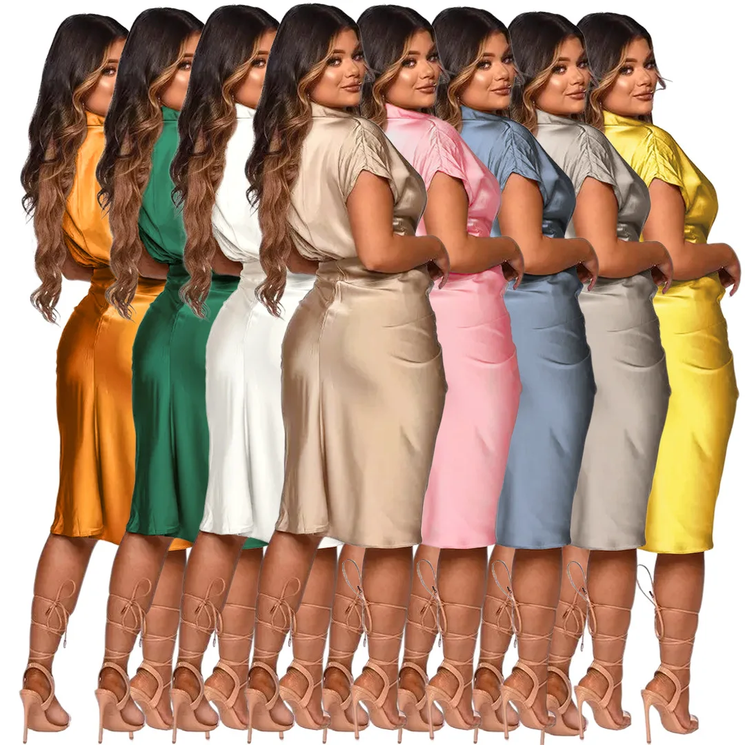 BH385  women Sexy Reflective silk pleated and strapping shirt dress