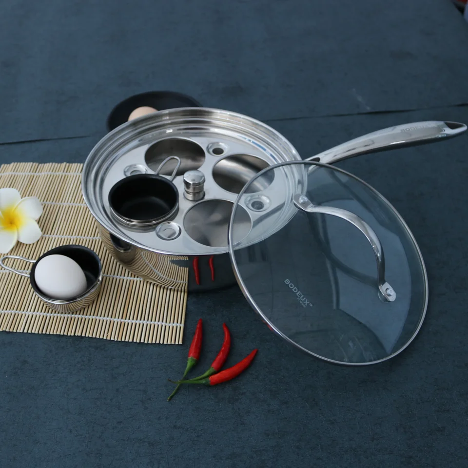 Egg Poacher Pan 4-Cup Non Stick Stainless Steel Tray Non-stick Egg Poacher Stainless Steel Fry Pan with Glass Lid