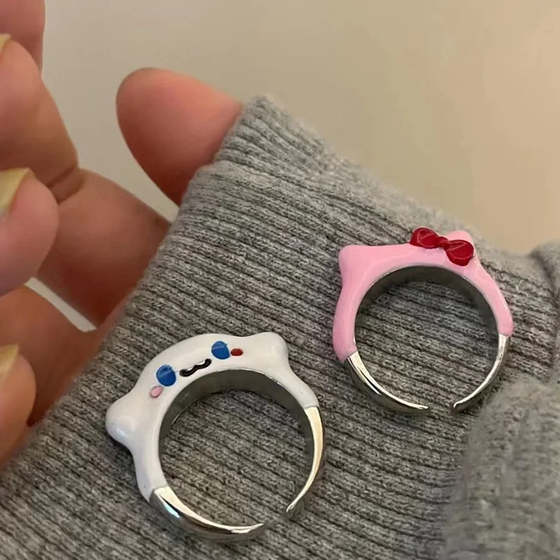 Cute Sanrio Opening Couple Rings for Women Girls Pink Hello Kitty White Pochacco Cartoon Ring Bestie Gifts Jewelry