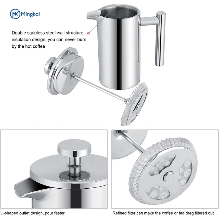 French press coffee machine double wall large capacity stainless steel teapot and coffee press filter system