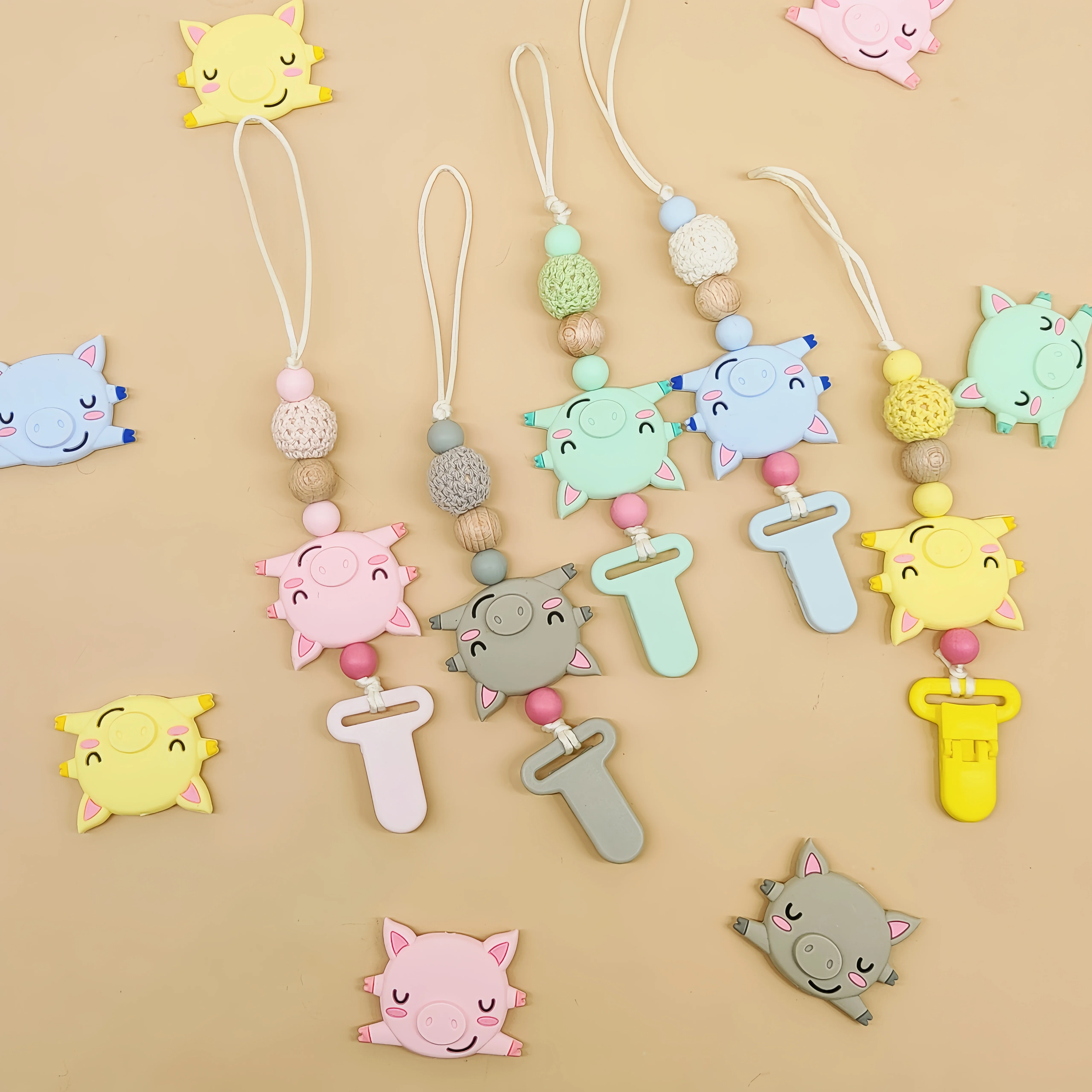 Wholesale Baby Teething Chain strap Custom Logo baby silicone wooden beads pacifiers dummy holder clip