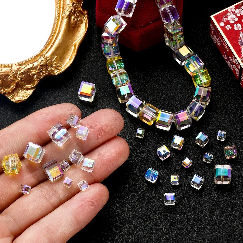 Wholesale shining square cube stick crystal  glass beads suger beads stones for jewelry Making accessories diy cube beads