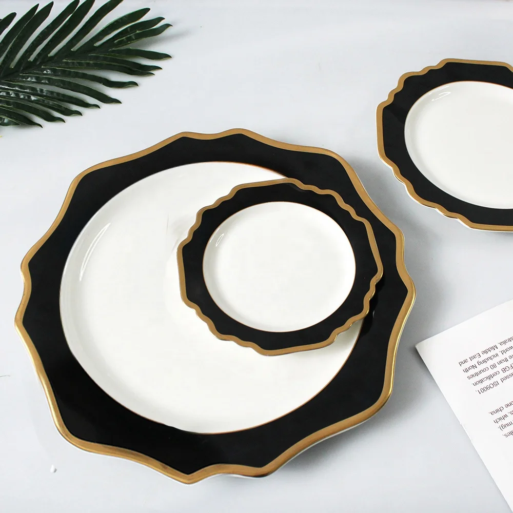 Wholesale high quality fine bone china dinnerware set black rimmed ceramic plate sets
