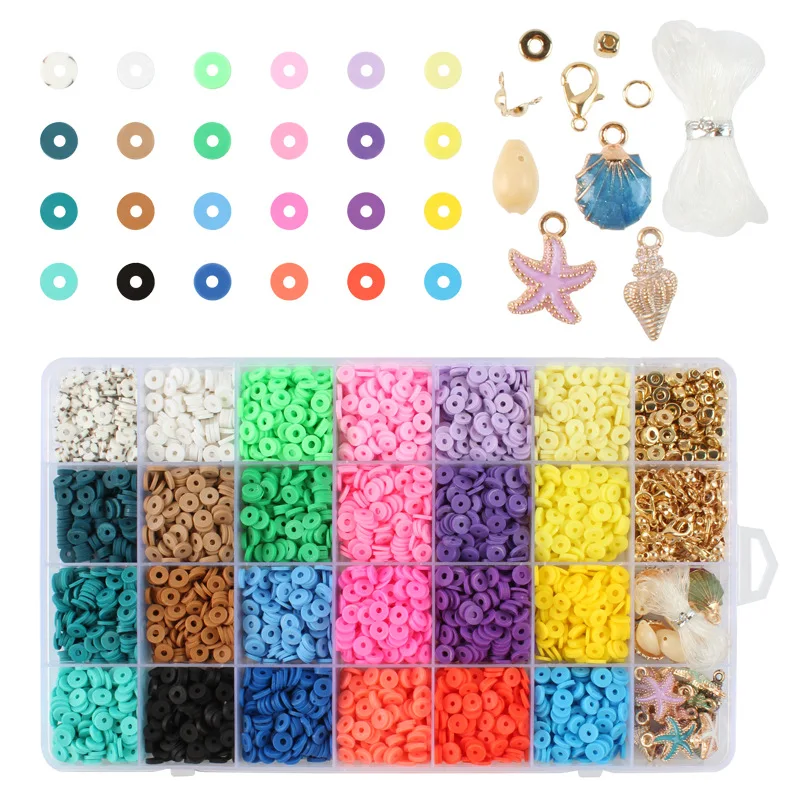 Hot Sale  28 Grids Round Heishi Spacer Bead Kit 6MM Disc Polymer Clay Beads for Bracelets Necklaces Jewelry Making