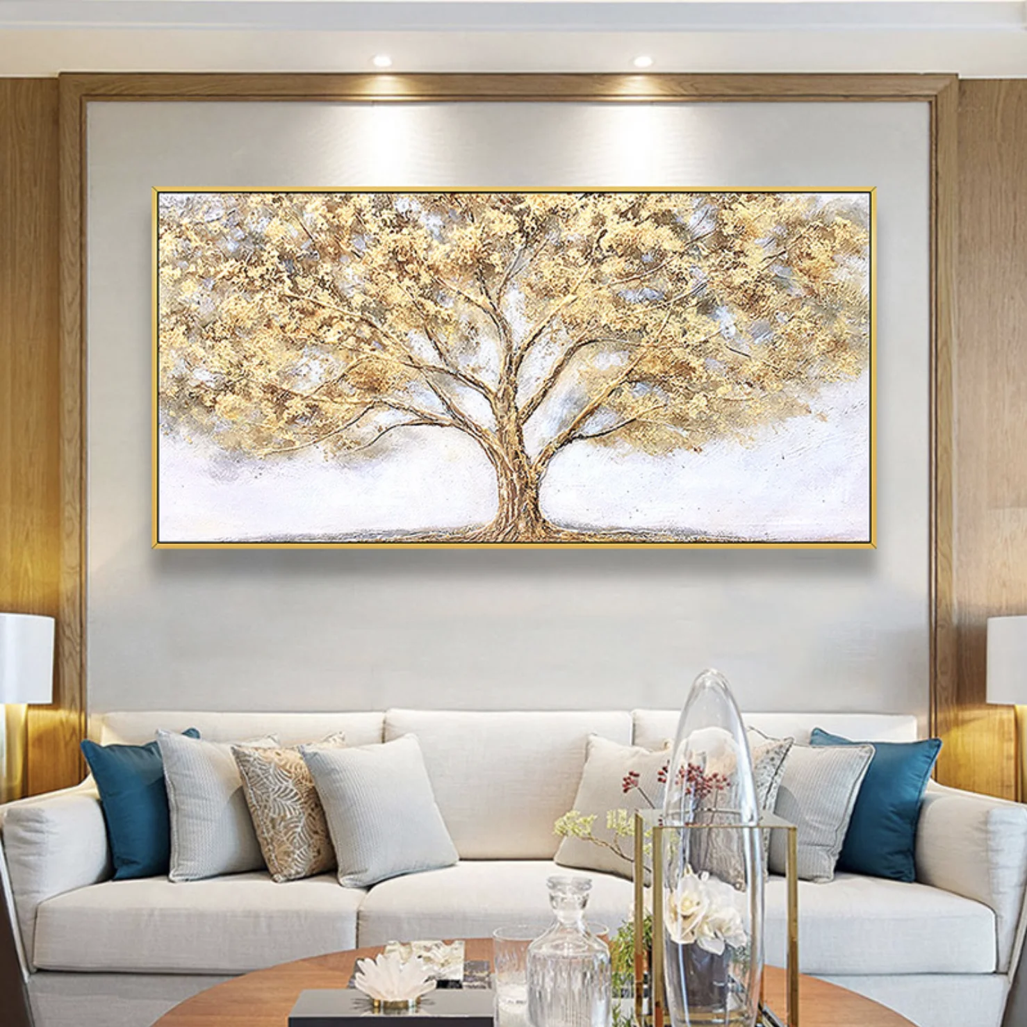 Handmade Wall Decorative Modern Abstract Canvas Tree Oil Painting with Retro Gold Frame