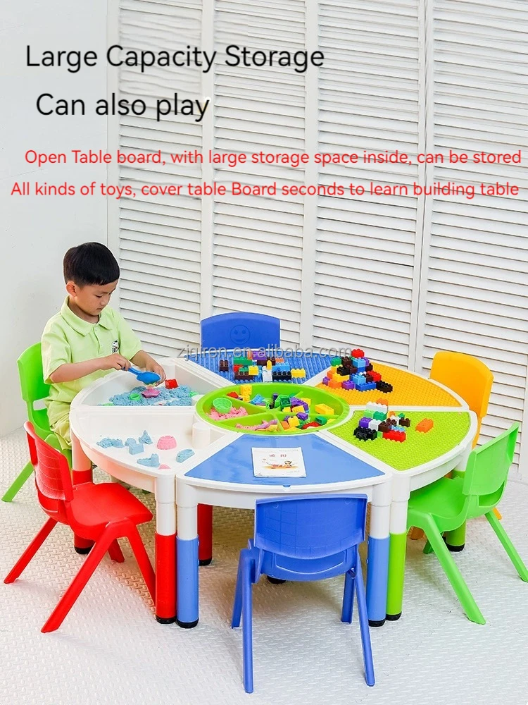 new arrival Kids Indoor Play Toy sets multifunctional round Plastic Blocks Desk And Chair Amusement game