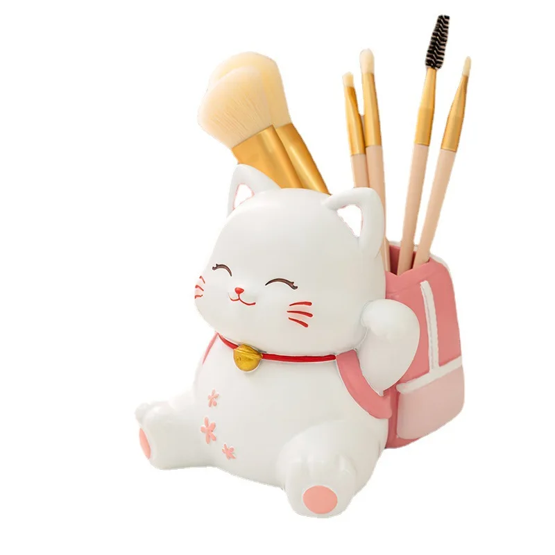 Custom Resin Lucky Cat School Office Storage Resin Crafts Decoration Makeup Brush Storage Pen Holder