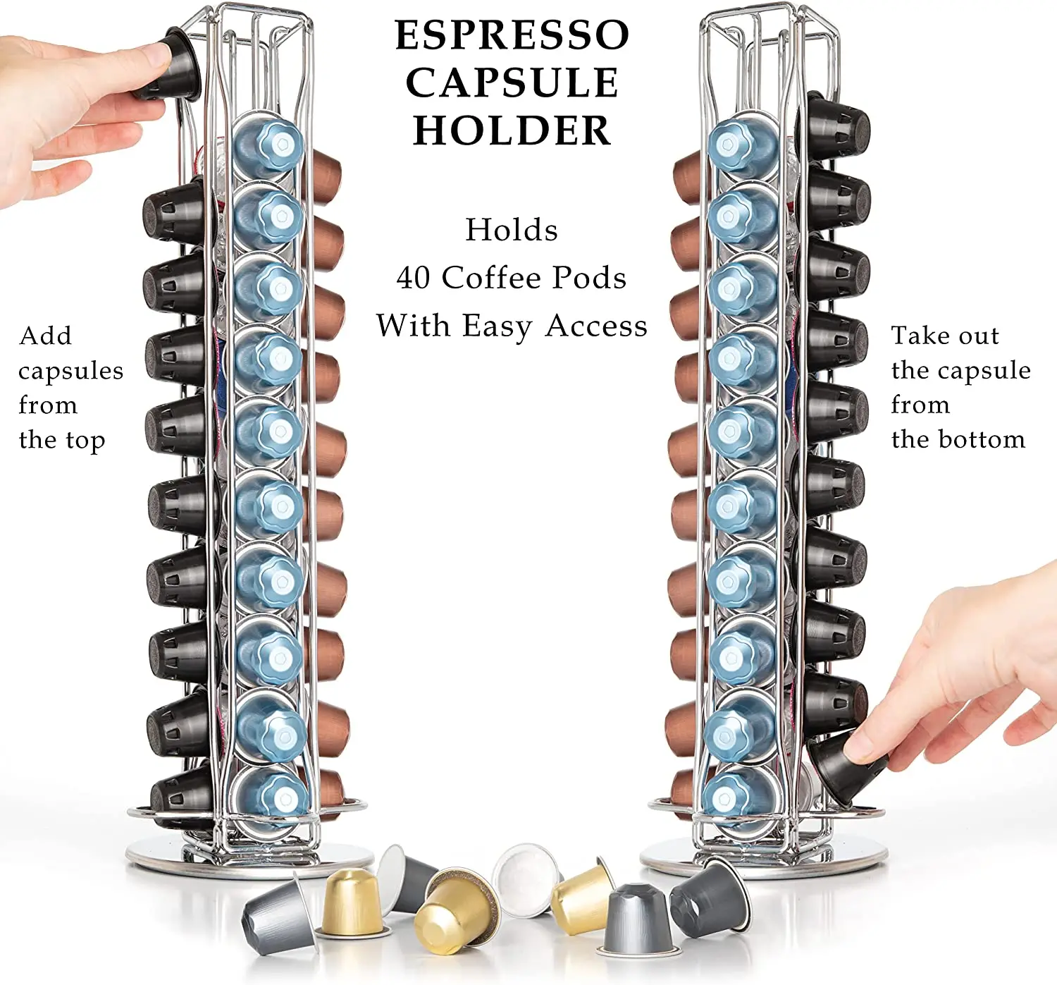 Silver Metal Coffee Pod Carousel Capsules Holder Storage Organizer Rack Compatible with Nespresso Original Line 40 Pods