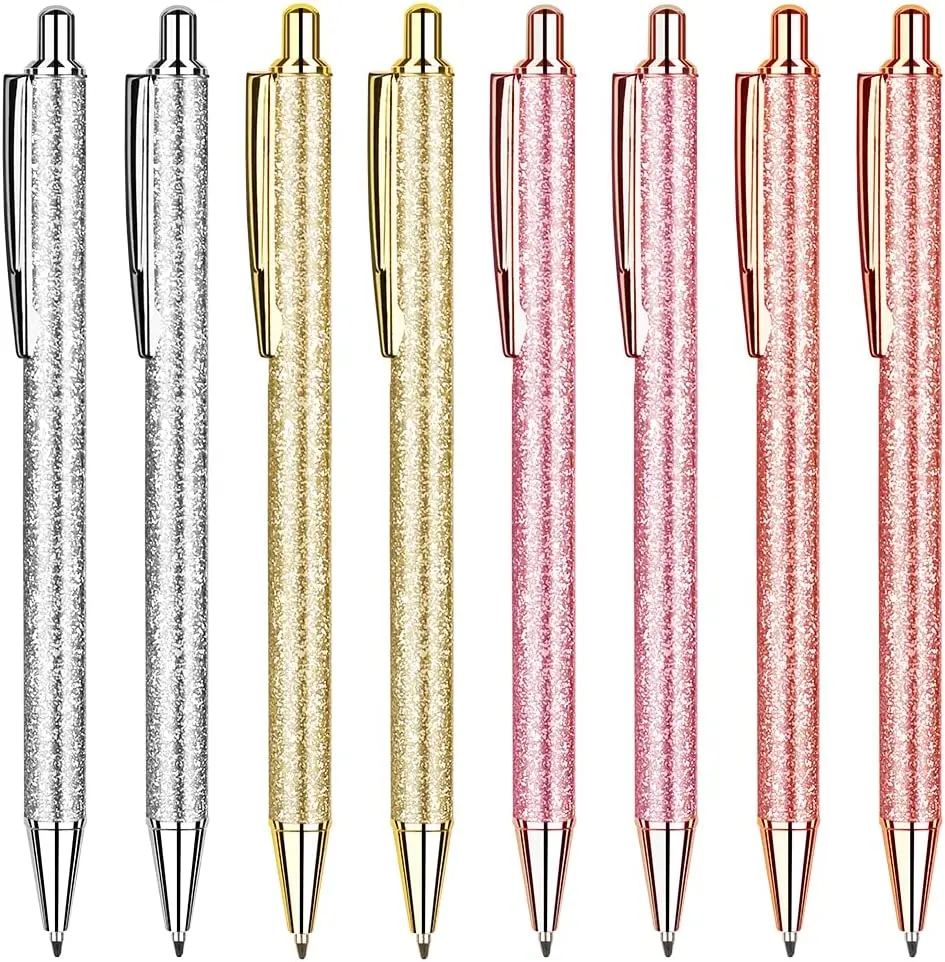 Glitter Pens with Metal Barrel, Retractable Fashion Pretty Pens, Bulk Office Pens with Medium Point