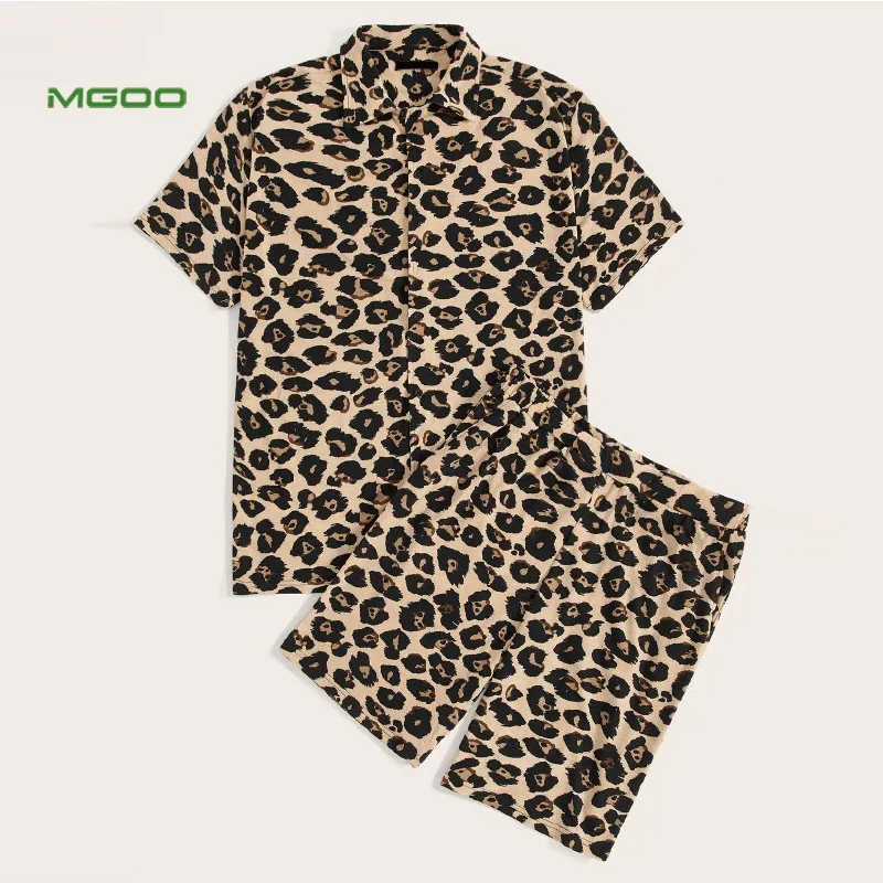 MGOO Custom Leopard Print Shirt and Slant Pocket Shorts Men Pajama Set