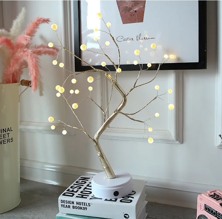 LED tree light with pearl table top lighted christmas tree copper 36L copper wire sparkling tree with lights