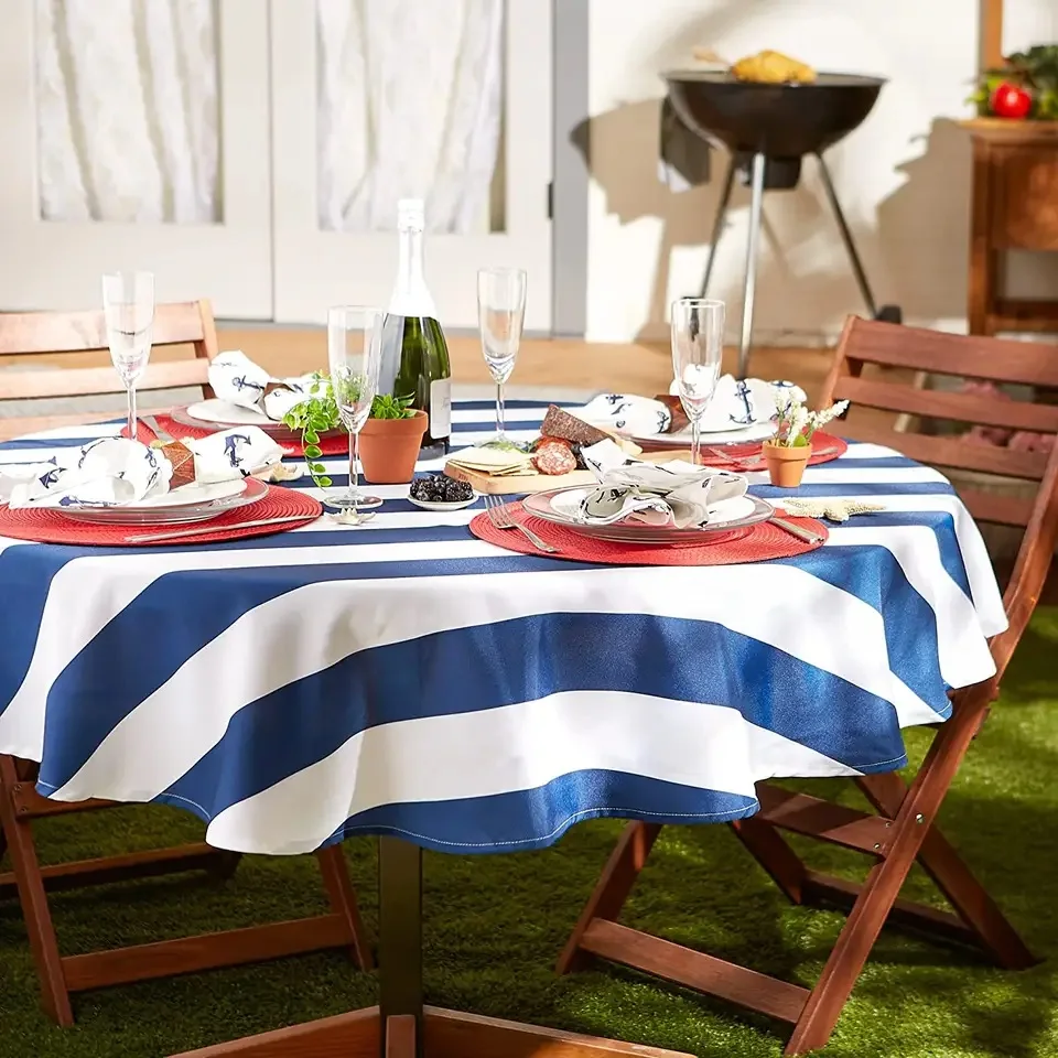 Outdoor Indoor Nautical Blue Cabana Stripe Printed Table Cloth Wipeble Waterproof Table Cloth With Zipper And Umbrella Hole
