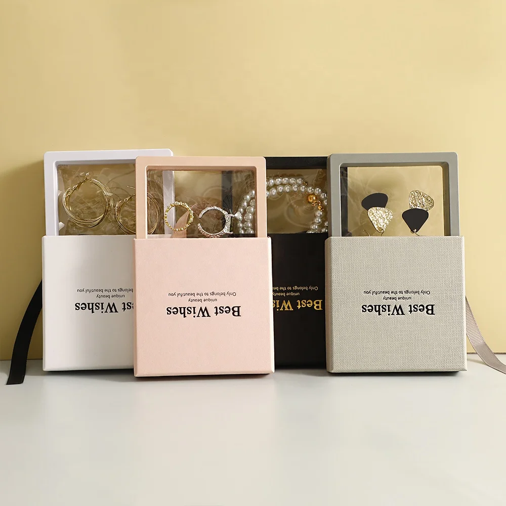 PUPPYSEW Custom logo 9.5*9.5cm Black Jewelry Box Transparent PE Film Display Packing Bracelet Ring Earring