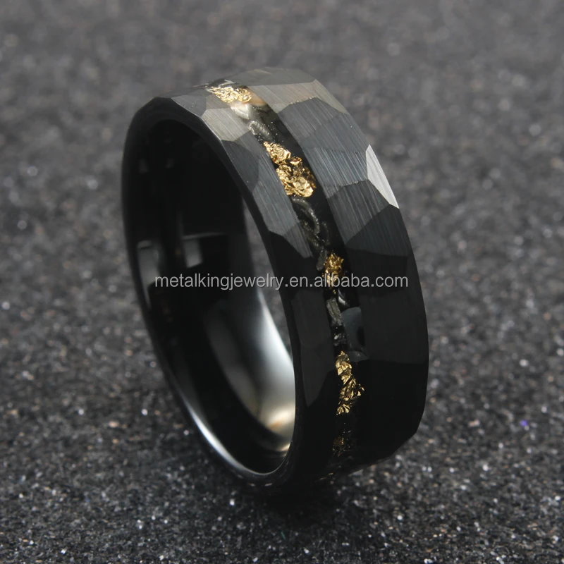 Faceted Tungsten ring Crushed Meteorite and Gold Leaf Inlay, Black Wedding Bands