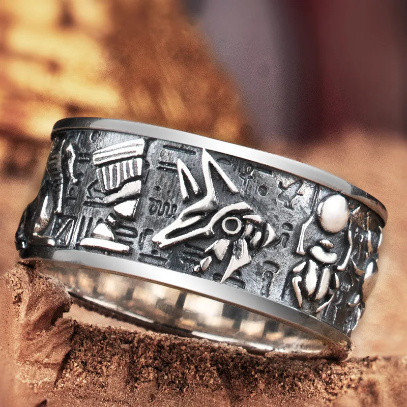 Gothic Suit Thug Ring Horus Anubis Anka Scarab Ring Exquisite Processing 925 Sterling Silver Egyptian Gods Ring for Men