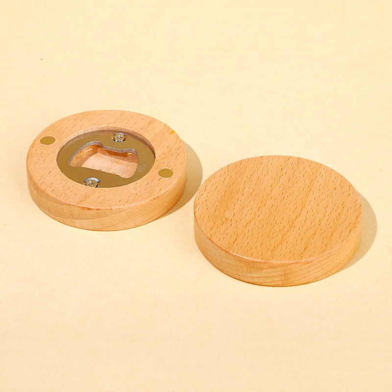 Wholesale Eco-friendly Wooden Bamboo Fridge Magnet Custom Beer Bottle Opener Portable Stainless Steel Magnetic Round Coaster