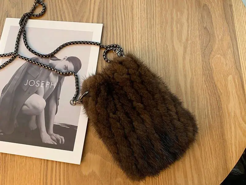 Handmade real mink fur bag knitted style mini fur purse women luxury fur shoulder phone case