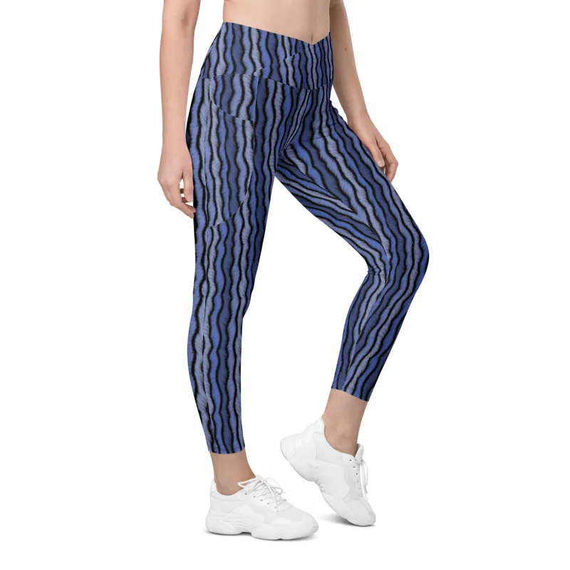 Fur Design Mix Blue Color Stripes Pants Workout Running Gym Athletic Tights Women Cross Waist Yoga Leggings with Pockets