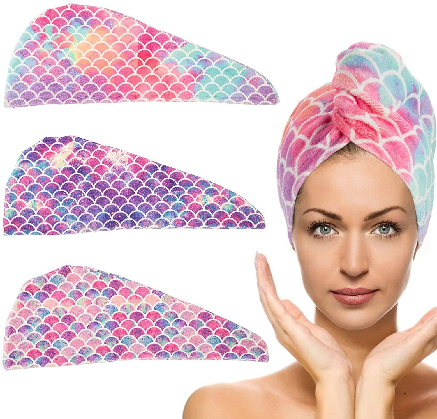 Mermaid Microfiber Hair Drying Towel Hair Turbans 10 Inch X 25 Inch Super Absorbent Bath Hair Cap for Women Kids