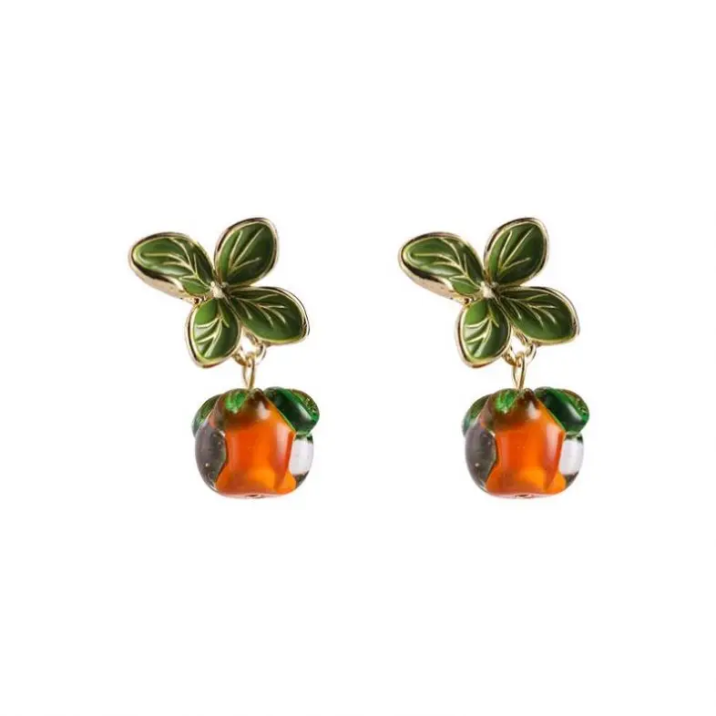 Cute 925 Silver Needle Colorful Leaf Fruit Eardrop Orange Persimmon Earring