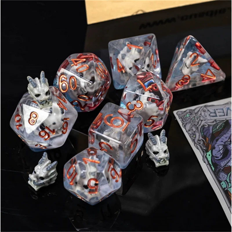 Udixi Custom dnd Resin 7PCS Polyhedral Dice Grey Dragon Head Dice Sets Board Game Dice