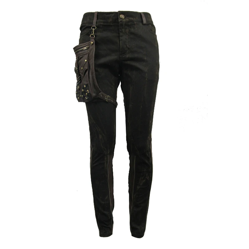 PT079 Devil fashion detachable leather bag brown men steampunk slim trousers