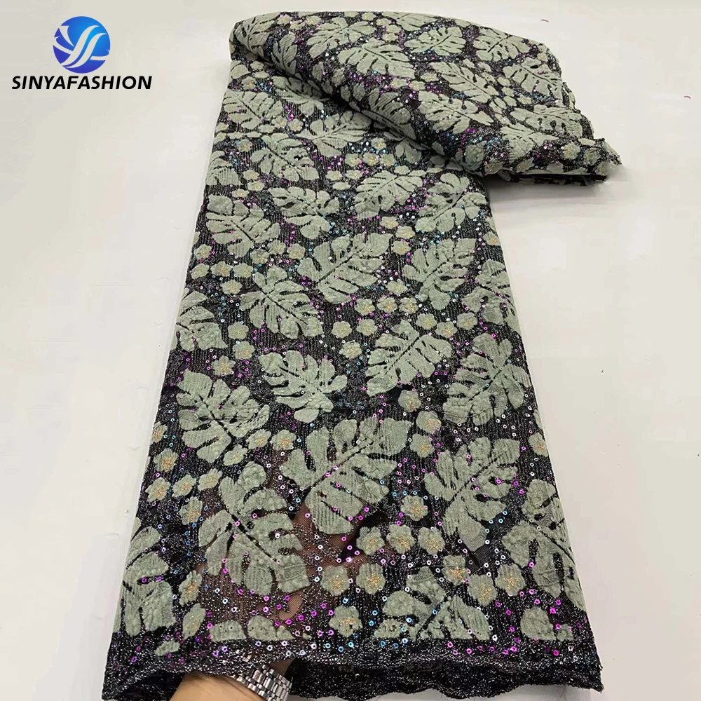 Beautiful Sinya New Style Leaf Design Velvet Sequins Lace Fabric Ladies Parry Velvet Embroidered Lace Fabric Sewing Dress