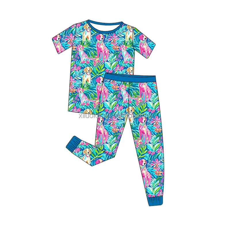 Customized High Quality Bamboo Two Piece Pajamas Set Dog Floral Print Short Sleeve Clothing Set