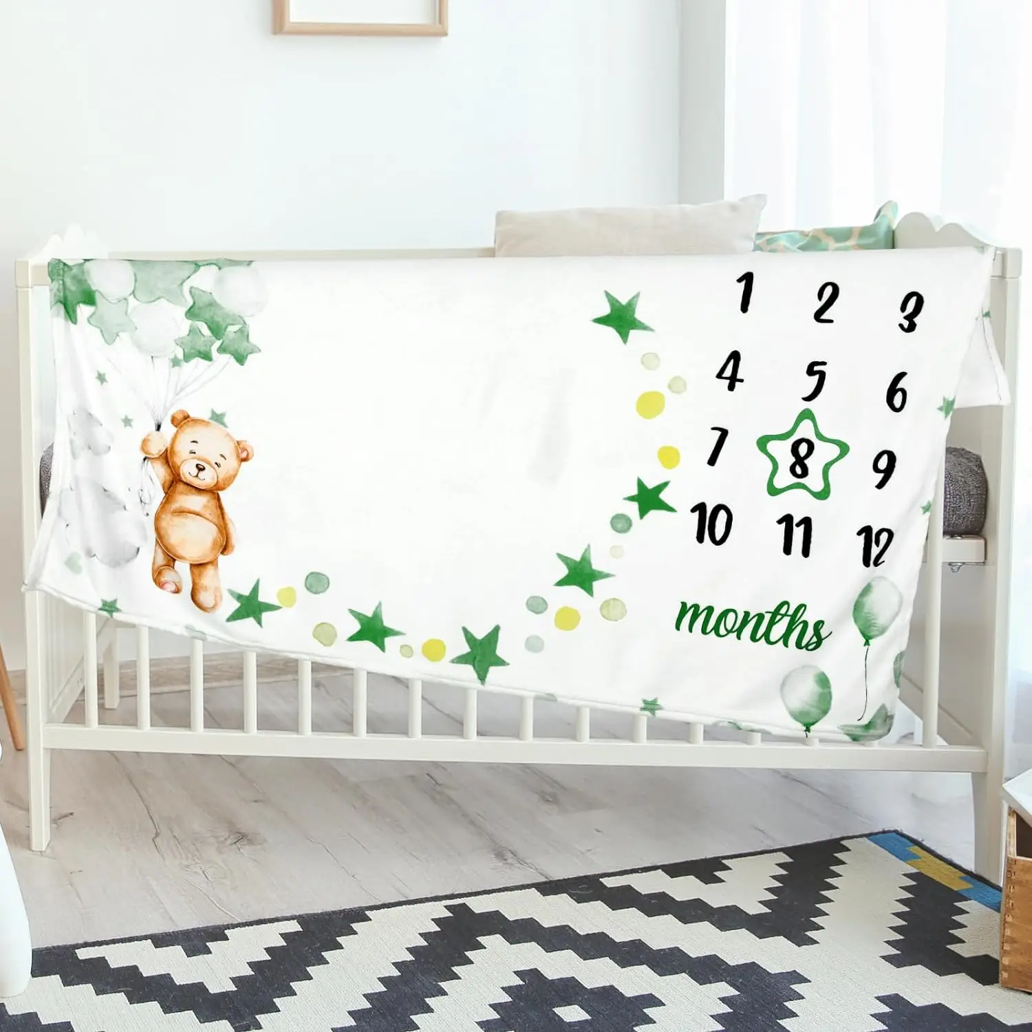 White Sublimation Bear Star Printed Flannel Fleece Monthly Baby Milestone Blanket for Newborn