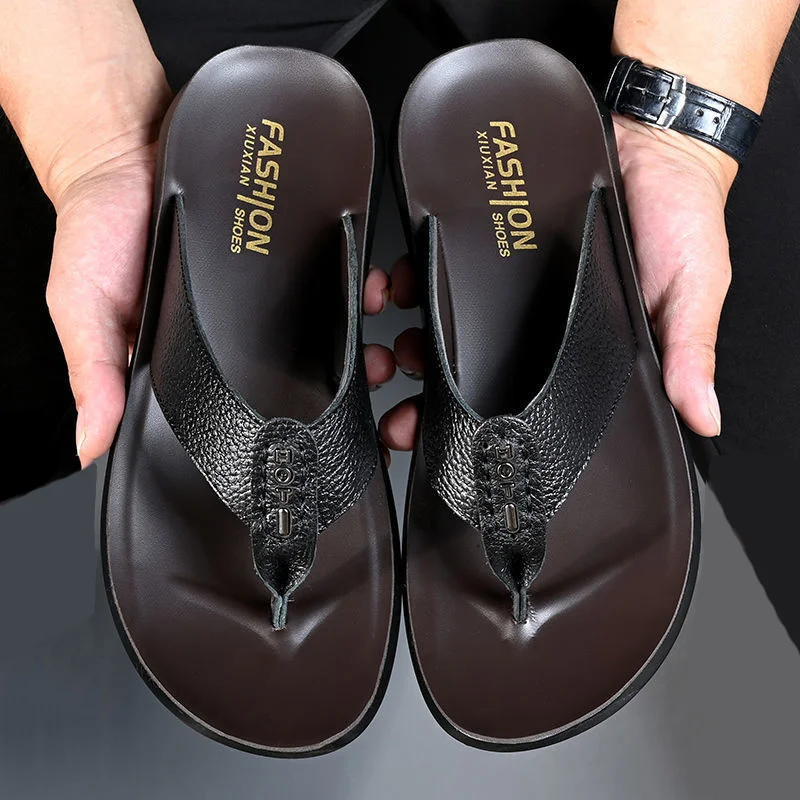 2024 Men Pu Leather Summer Slippers New Fashion Flip-Flops Sandals Beach Shoes Breathable Non-slip Casual Flat Slippers