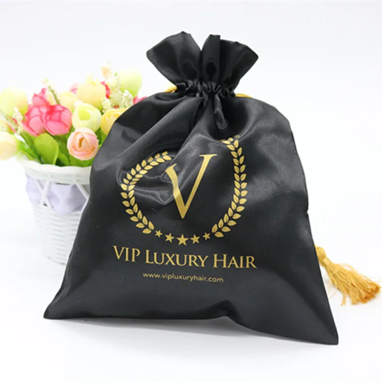 Wholesale Large Drawstring Black Lingerie Satin Bag With Custom Logo