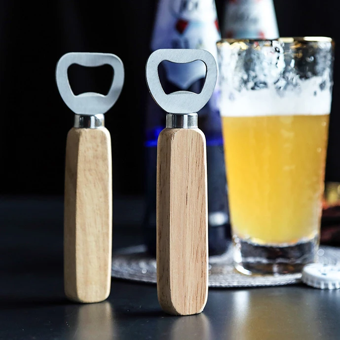 Оптовая продажа, выгравированный логотип на заказ, недорогая открывашка для бутылок с деревянной ручкой, для сока, пива, для домашнего бара
