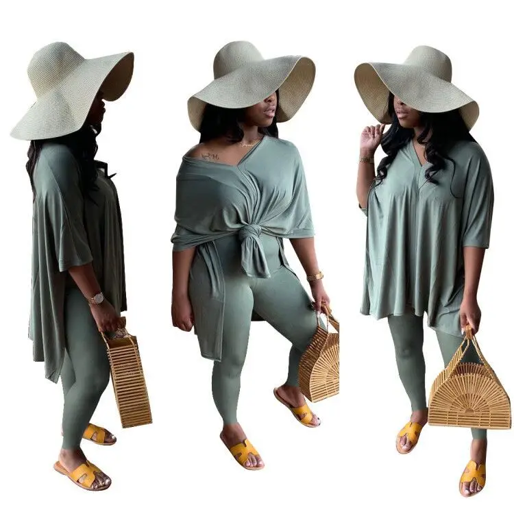 
2021 Fashion Casual Solid Color Plus Size Knotted Two Piece Set Women Clothing Fall Outfits Suit 