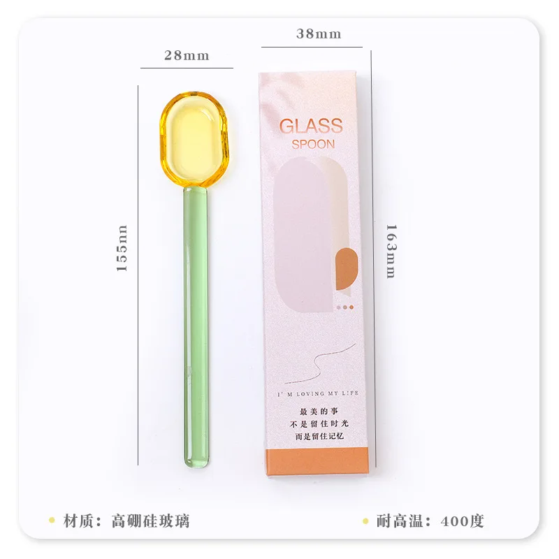 Hand blown transparent high-temperature resistant glass spoon, long handle stirring spoon suitable for bar food coffee milk tea