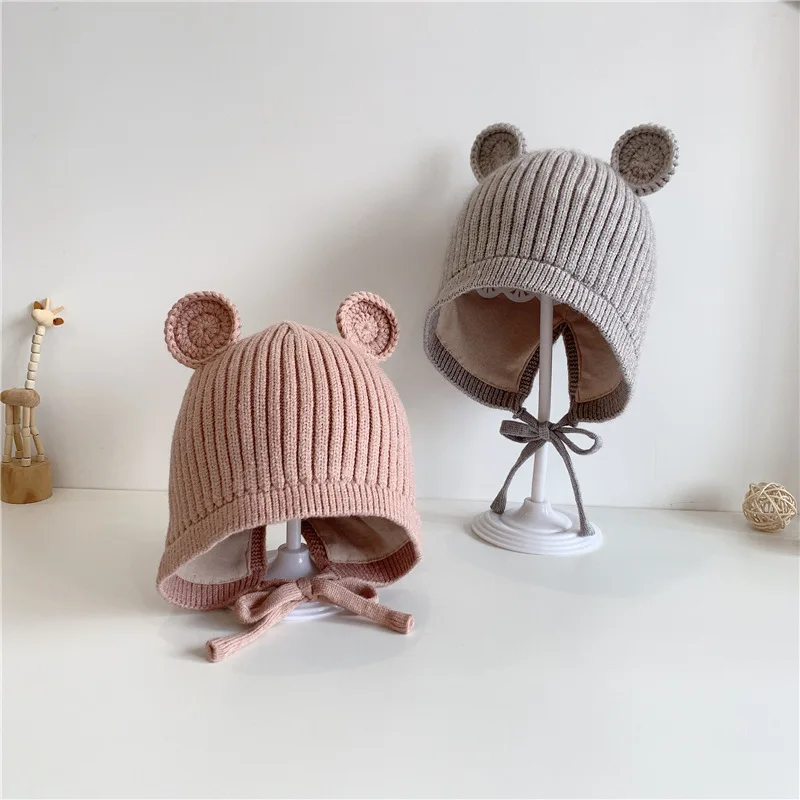 WD-A573  Toddler Winter Knitted Cotton Lined Hat With Ears Knit Beanie Hat Baby Winter Hat For Girls