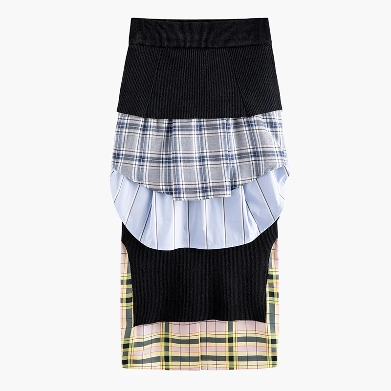TWOTWINSTYLE Skirt For Women Patchwork High Waist plaid Skirts Female Fashion