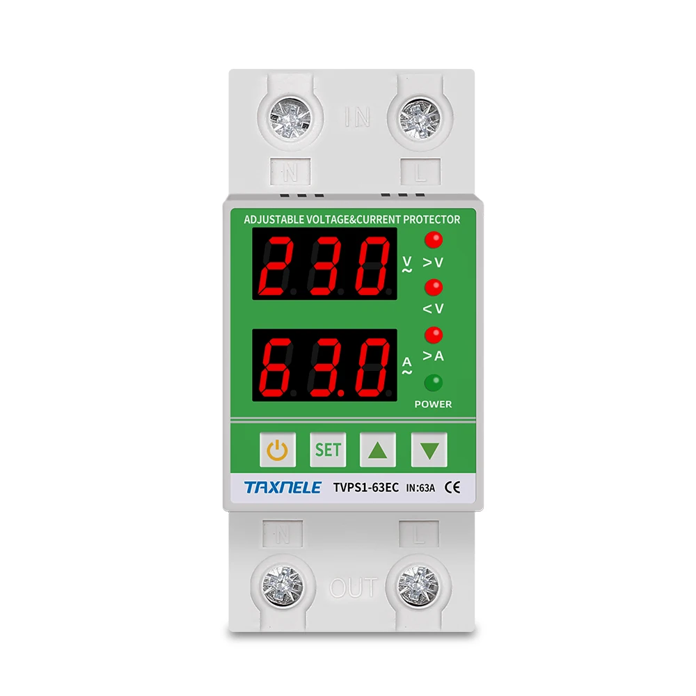 Din Rail Dual Display Adjustable Over Voltage Current and Under Voltage Protective Device Protector Relay 40A 63A 80A 220V 230V