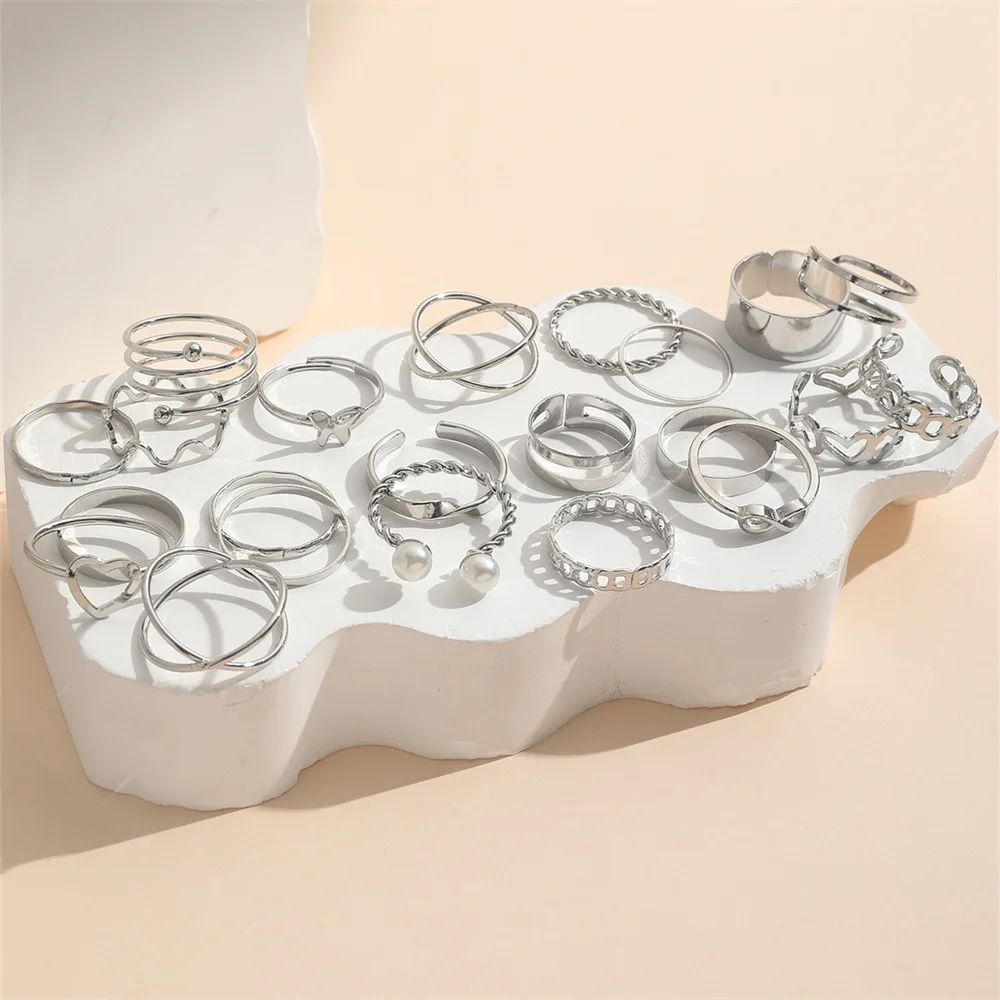 New Fashionable Butterfly Ring Opening Multi-Joint Ring Set 22 Piece Gold Silver Heart Pearl Alloy Stacked Ring For Women