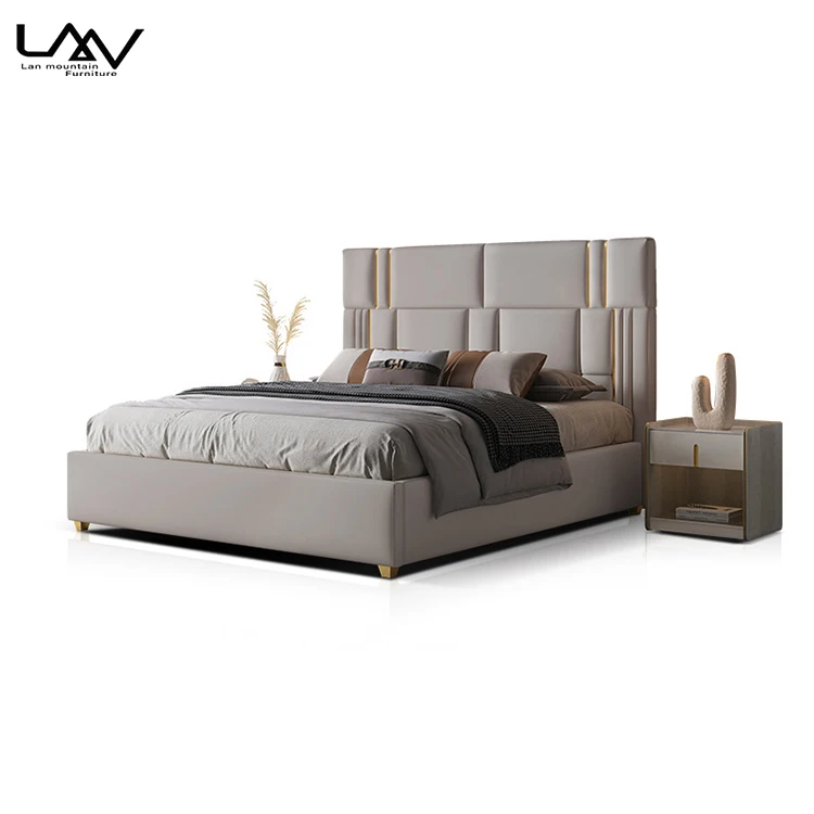 Italy design high back upholstered double bed villa bedroom luxury beige leather soft king size bed furniture