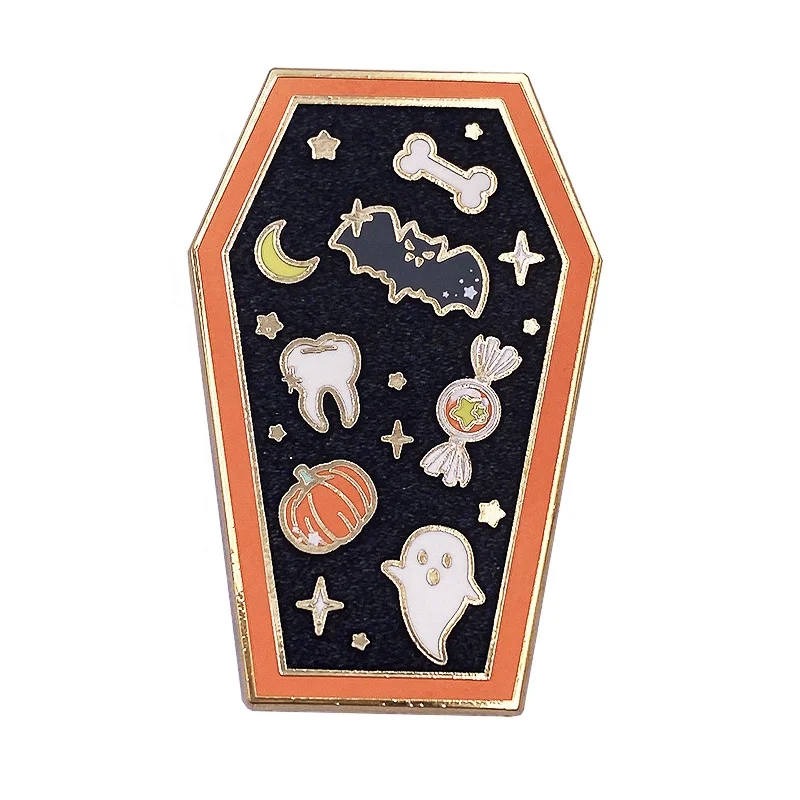 Custom Orange Coffin Shape Design Lapel Pin Halloween Cute Cartoon Hard Enamel Gold Metal Black Glitter Badge For Gift